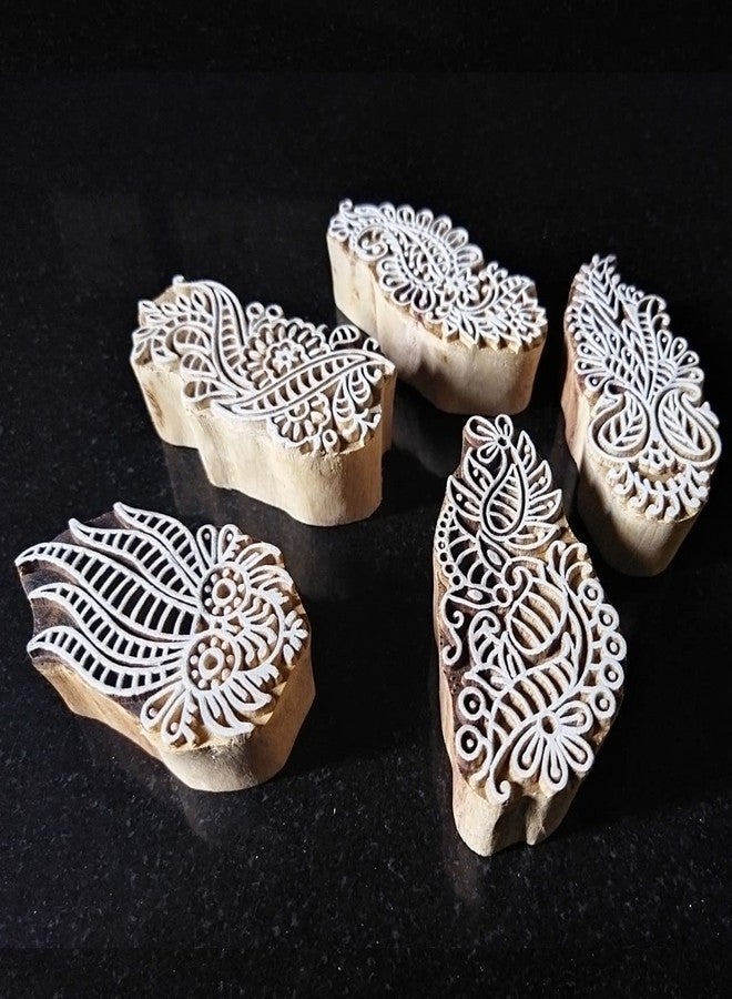 ecofynd Round Wood Block Stamps (Pack of 5), Wooden Blocks for Block Printing Stamp Set, Artistic Shapes Craft Kids Saree Border DIY Henna Fabric Textile Paper Clay Pottery Hand-Carved (BLOCK011) - Image 1